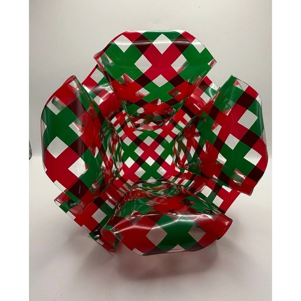 Vintage Christmas Plastic Ruffled Dish Red & Green Plaid Ribbon Candy Bowl